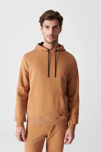 Erkek Açık Kahverengi Kapüşonlu 3 İplik Şardonlu Pamuklu Sweatshirt E001018-Açık Kahve 