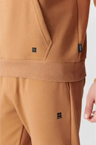 Erkek Açık Kahverengi Kapüşonlu 3 İplik Şardonlu Pamuklu Sweatshirt E001018-Açık Kahve - AVVA (1)