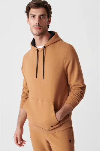 Erkek Açık Kahverengi Kapüşonlu 3 İplik Şardonlu Pamuklu Sweatshirt E001018-Açık Kahve - 3