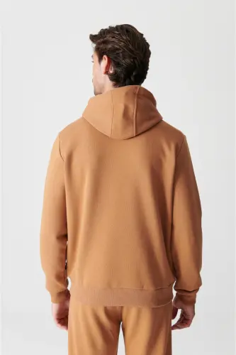 Erkek Açık Kahverengi Kapüşonlu 3 İplik Şardonlu Pamuklu Sweatshirt E001018-Açık Kahve - 4