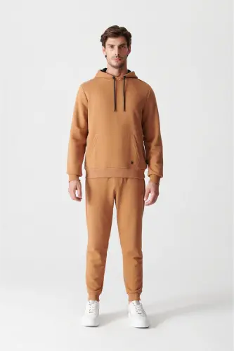 Erkek Açık Kahverengi Kapüşonlu 3 İplik Şardonlu Pamuklu Sweatshirt E001018-Açık Kahve - 5