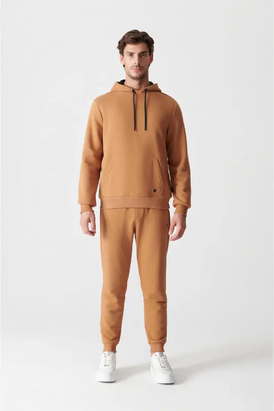 Erkek Açık Kahverengi Kapüşonlu 3 İplik Şardonlu Pamuklu Sweatshirt E001018-Açık Kahve - 5