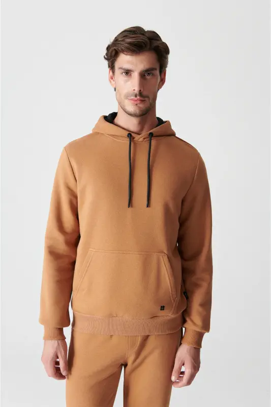 Erkek Açık Kahverengi Kapüşonlu 3 İplik Şardonlu Pamuklu Sweatshirt E001018 - Açık Kahve - 1