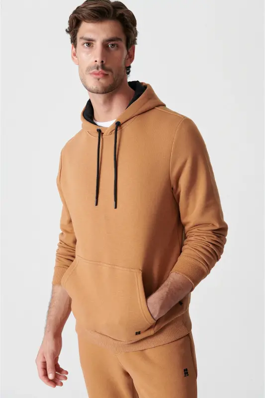 Erkek Açık Kahverengi Kapüşonlu 3 İplik Şardonlu Pamuklu Sweatshirt E001018 - Açık Kahve - 3