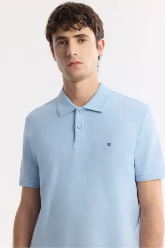 Erkek Açık Mavi Kıvrılmaz Polo Yaka %100 Pamuk Basic Regular Fit T-Shirt B001032-Açık Mavi - AVVA (1)