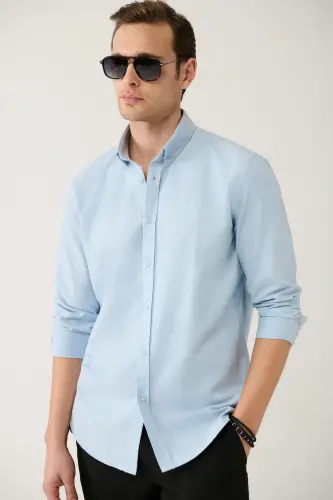 Erkek Açık Mavi Basic Düğmeli Yaka Pamuklu Gömlek E002003-Açık Mavi - 1