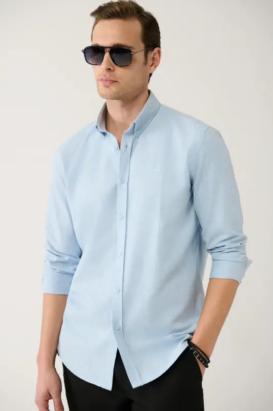 Erkek Açık Mavi Basic Düğmeli Yaka Pamuklu Gömlek E002003-Açık Mavi - 1
