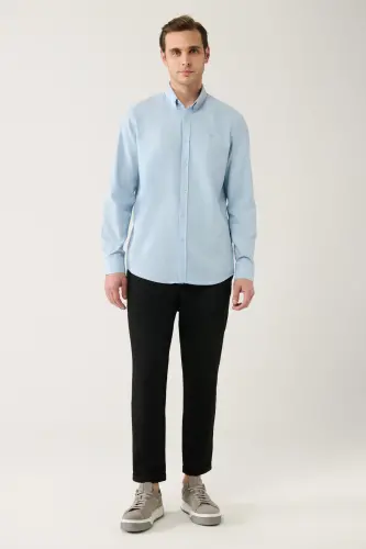 Erkek Açık Mavi Basic Düğmeli Yaka Pamuklu Gömlek E002003-Açık Mavi - 5