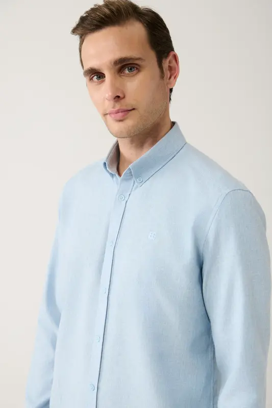 Erkek Açık Mavi Basic Düğmeli Yaka Pamuklu Gömlek E002003-Açık Mavi - 2