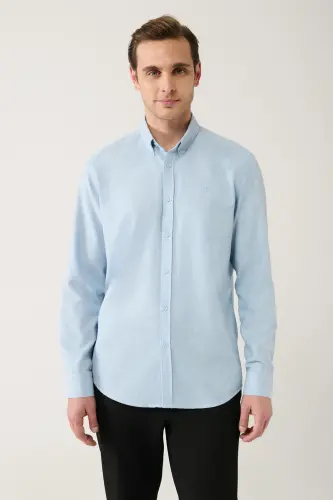 Erkek Açık Mavi Basic Düğmeli Yaka Pamuklu Gömlek E002003-Açık Mavi - 3