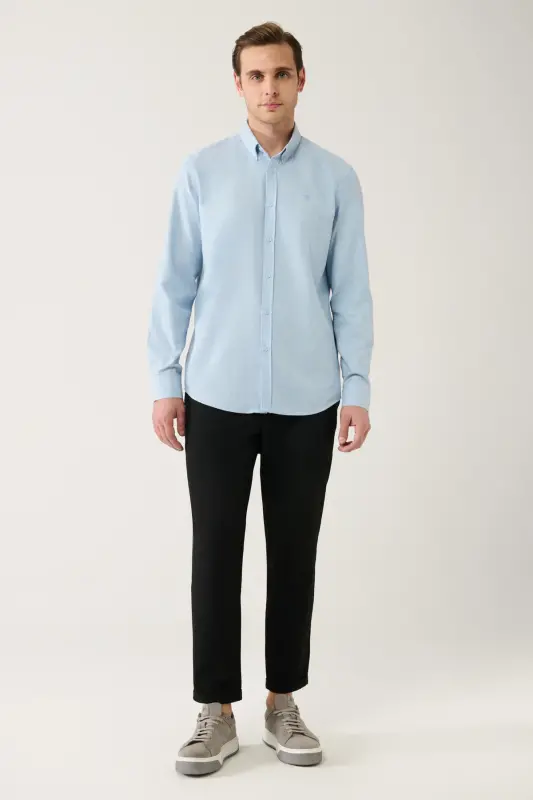 Erkek Açık Mavi Basic Düğmeli Yaka Pamuklu Gömlek E002003-Açık Mavi - 5