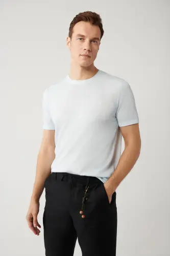 Erkek Açık Mavi Bisiklet Yaka Triko Regular Fit T-Shirt A41Y5074-Açık Mavi - 1