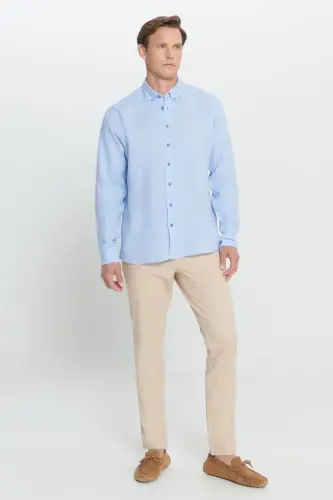 Erkek Açık Mavi Comfort Fit Rahat Kesim %100 Keten Düğmeli Yaka Gömlek - Açık Mavi - ALTINYILDIZ CLASSICS (1)