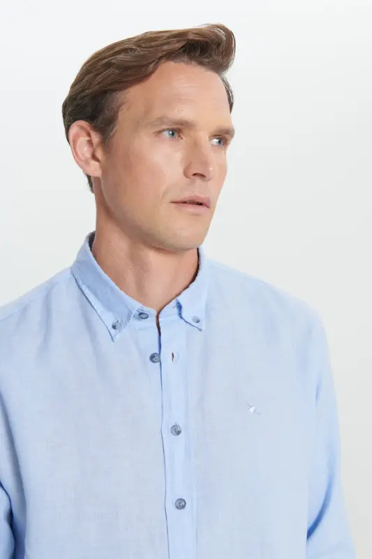 Erkek Açık Mavi Comfort Fit Rahat Kesim %100 Keten Düğmeli Yaka Gömlek-Açık Mavi - 5