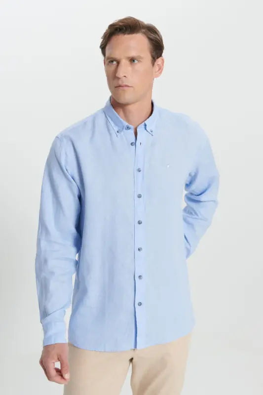 Erkek Açık Mavi Comfort Fit Rahat Kesim %100 Keten Düğmeli Yaka Gömlek - Açık Mavi - 4