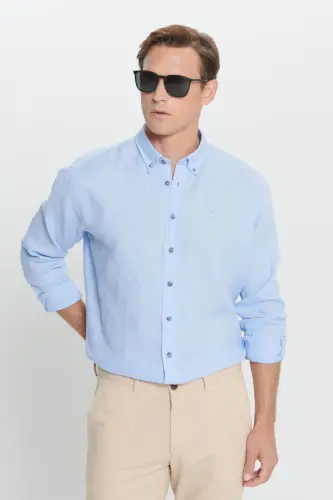 Erkek Açık Mavi Comfort Fit Rahat Kesim %100 Keten Düğmeli Yaka Gömlek-Açık Mavi - 1