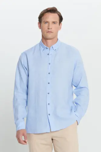 Erkek Açık Mavi Comfort Fit Rahat Kesim %100 Keten Düğmeli Yaka Gömlek-Açık Mavi - 3