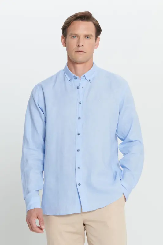 Erkek Açık Mavi Comfort Fit Rahat Kesim %100 Keten Düğmeli Yaka Gömlek-Açık Mavi - 3