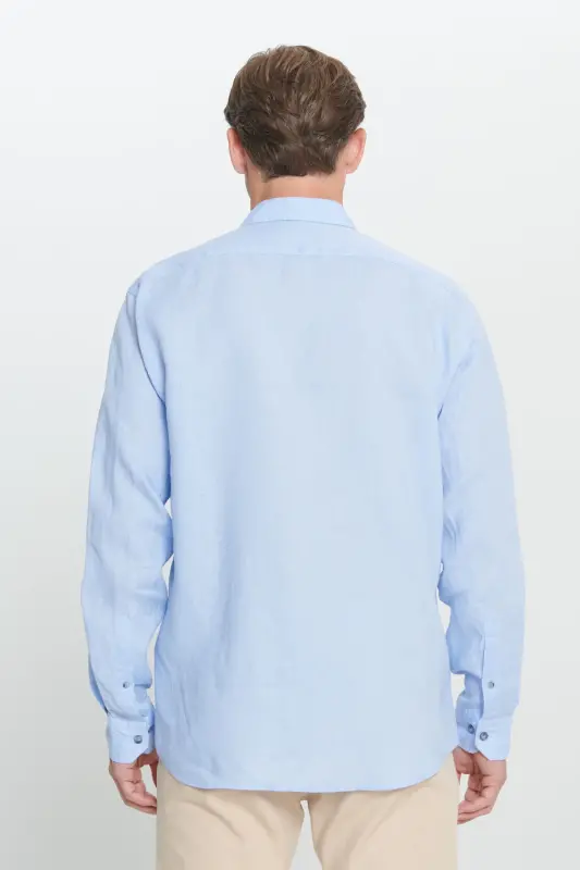 Erkek Açık Mavi Comfort Fit Rahat Kesim %100 Keten Düğmeli Yaka Gömlek-Açık Mavi - 6