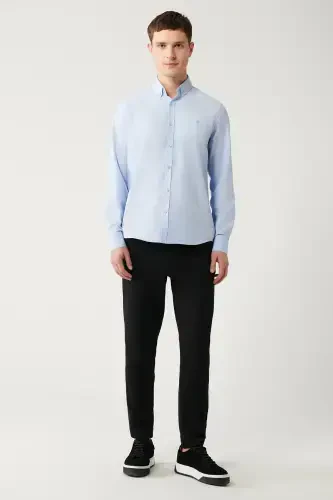 Erkek Açık Mavi Düğmeli Yaka Kolay Ütülenebilir Pamuklu Oxford Gömlek E002000-Açık Mavi - 4