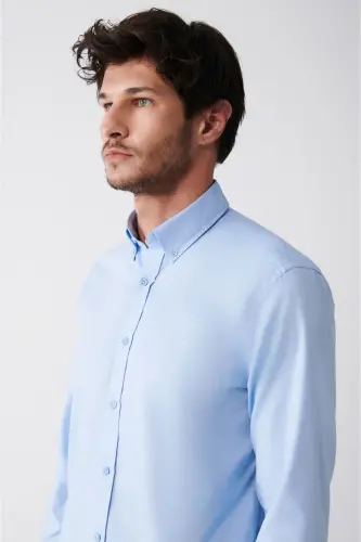 Erkek Açık Mavi Oxford %100 Pamuk Düğmeli Yaka Regular Fit Gömlek B002003-Açık Mavi - AVVA (1)