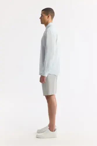 Erkek Açık Mavi Düğmeli Yaka %100 Keten Comfort Fit Gömlek B002191-Açık Mavi - 3