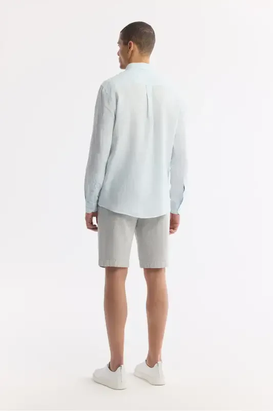 Erkek Açık Mavi Düğmeli Yaka %100 Keten Comfort Fit Gömlek B002191-Açık Mavi - 4