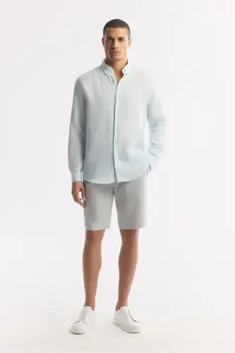 Erkek Açık Mavi Düğmeli Yaka %100 Keten Comfort Fit Gömlek B002191-Açık Mavi - 5