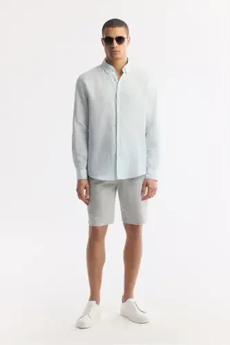 Erkek Açık Mavi Düğmeli Yaka %100 Keten Comfort Fit Gömlek B002191-Açık Mavi - 6