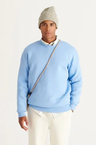 Erkek Açık Mavi Oversize Bol Kesim Içi Polarlı 3 Iplik Bisiklet Yaka Pamuklu Sweatshirt - Açık Mavi 