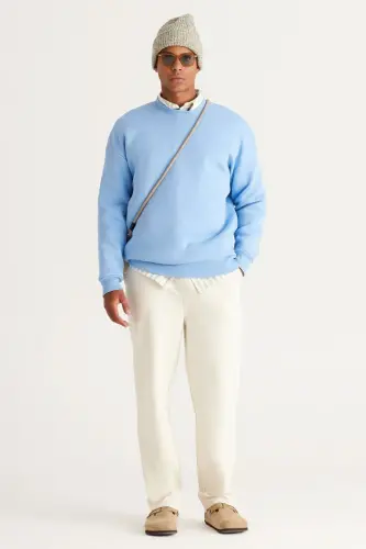 Erkek Açık Mavi Oversize Bol Kesim Içi Polarlı 3 Iplik Bisiklet Yaka Pamuklu Sweatshirt - Açık Mavi - 4