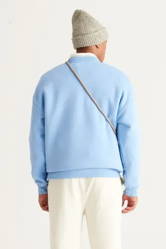 Erkek Açık Mavi Oversize Bol Kesim Içi Polarlı 3 Iplik Bisiklet Yaka Pamuklu Sweatshirt - Açık Mavi - 5