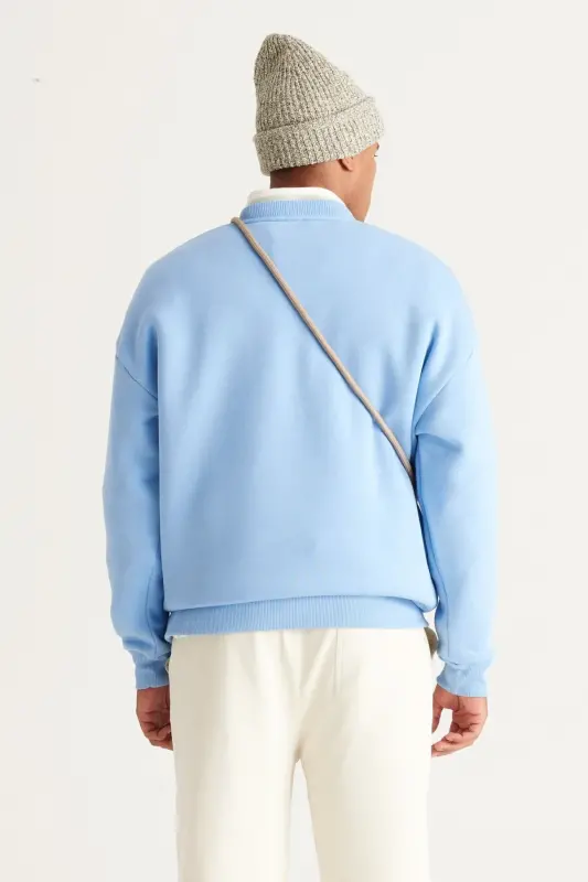 Erkek Açık Mavi Oversize Bol Kesim Içi Polarlı 3 Iplik Bisiklet Yaka Pamuklu Sweatshirt - Açık Mavi - 5
