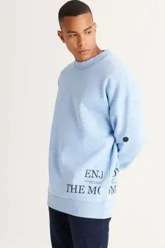 Erkek Açık Mavi Oversize Fit Bol Kesim Içi Polarlı 3 Iplik Pamuklu Baskılı Sweatshirt-Açık Mavi - AC&CO / ALTINYILDIZ CLASSICS (1)