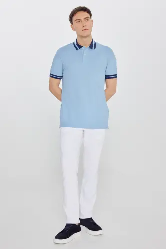 Erkek Açık Mavi Slim Fit Dar Kesim %100 Pamuk Kıvrılmaz Polo Yaka Tişört - Açık Mavi - 4