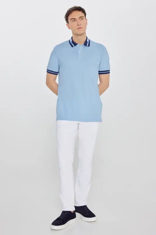Erkek Açık Mavi Slim Fit Dar Kesim %100 Pamuk Kıvrılmaz Polo Yaka Tişört - Açık Mavi - 4