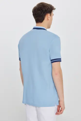 Erkek Açık Mavi Slim Fit Dar Kesim %100 Pamuk Kıvrılmaz Polo Yaka Tişört - Açık Mavi - 8