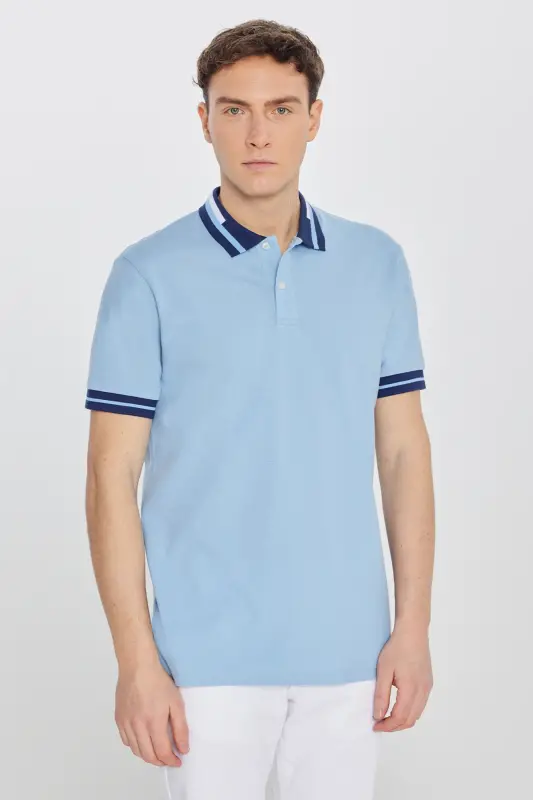 Erkek Açık Mavi Slim Fit Dar Kesim %100 Pamuk Kıvrılmaz Polo Yaka Tişört-Açık Mavi - 1