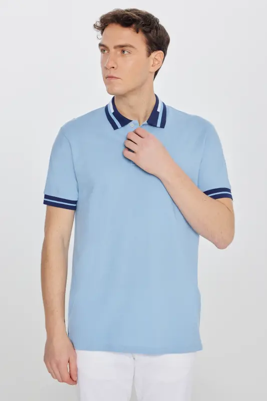 Erkek Açık Mavi Slim Fit Dar Kesim %100 Pamuk Kıvrılmaz Polo Yaka Tişört-Açık Mavi - 4