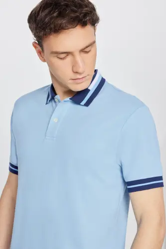 Erkek Açık Mavi Slim Fit Dar Kesim %100 Pamuk Kıvrılmaz Polo Yaka Tişört-Açık Mavi - 5