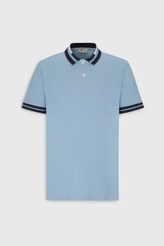 Erkek Açık Mavi Slim Fit Dar Kesim %100 Pamuk Kıvrılmaz Polo Yaka Tişört-Açık Mavi - 7