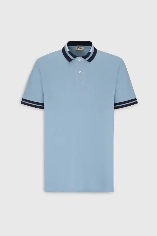 Erkek Açık Mavi Slim Fit Dar Kesim %100 Pamuk Kıvrılmaz Polo Yaka Tişört-Açık Mavi - 7