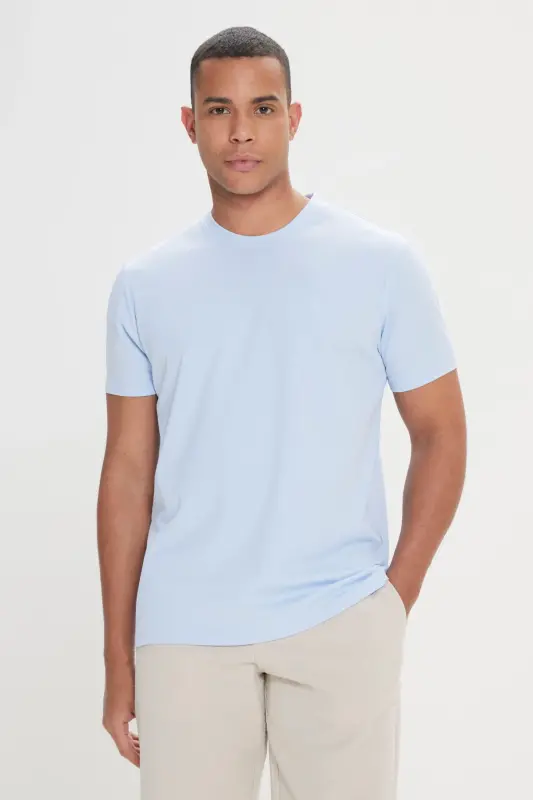 Erkek Açık Mavi Slim Fit Dar Kesim Bisiklet Yaka Pamuklu Tişört-Açık Mavi - 1