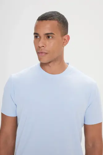 Erkek Açık Mavi Slim Fit Dar Kesim Bisiklet Yaka Pamuklu Tişört-Açık Mavi - 3