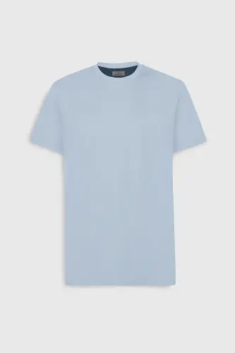 Erkek Açık Mavi Slim Fit Dar Kesim Bisiklet Yaka Pamuklu Tişört-Açık Mavi - 5