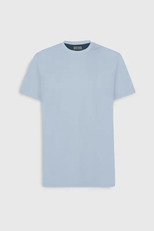 Erkek Açık Mavi Slim Fit Dar Kesim Bisiklet Yaka Pamuklu Tişört-Açık Mavi - 5