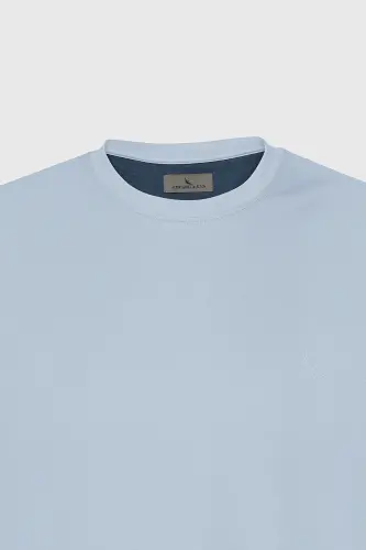 Erkek Açık Mavi Slim Fit Dar Kesim Bisiklet Yaka Pamuklu Tişört-Açık Mavi - 6