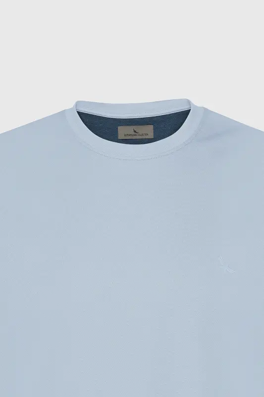 Erkek Açık Mavi Slim Fit Dar Kesim Bisiklet Yaka Pamuklu Tişört-Açık Mavi - 6