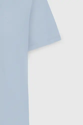 Erkek Açık Mavi Slim Fit Dar Kesim Bisiklet Yaka Pamuklu Tişört-Açık Mavi - 7