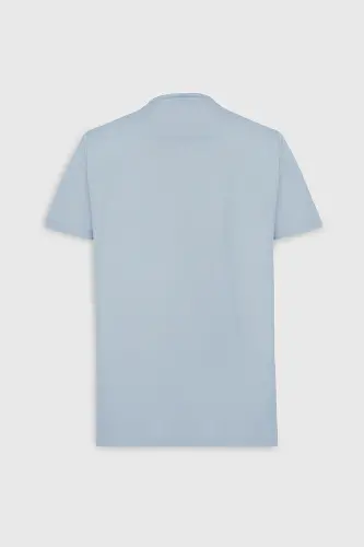 Erkek Açık Mavi Slim Fit Dar Kesim Bisiklet Yaka Pamuklu Tişört-Açık Mavi - 8